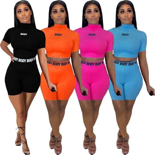 Women Body Two Piece Set Women Summer Turtleneck Suits Skinny Shaping Crop Top Biker Shorts Sports Casual Outfits Matching Sets