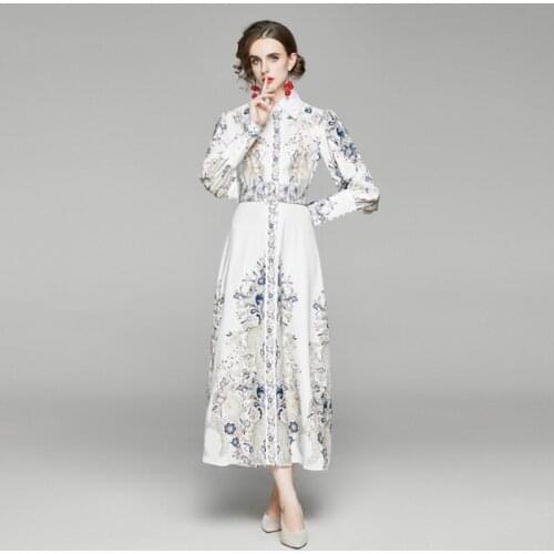 2021 autumn winter fashion Women Vintage Floral Print Dress Elegant turn down collar Single Breasted Puff Sleeve Dress
