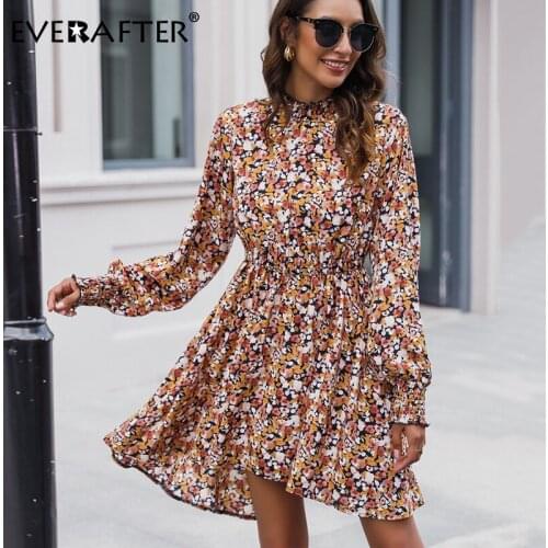 EVERAFTER Elegant floral print womens dress Lantern Sleeve A-line button ruffles dress high waist casual ladies autumn dress