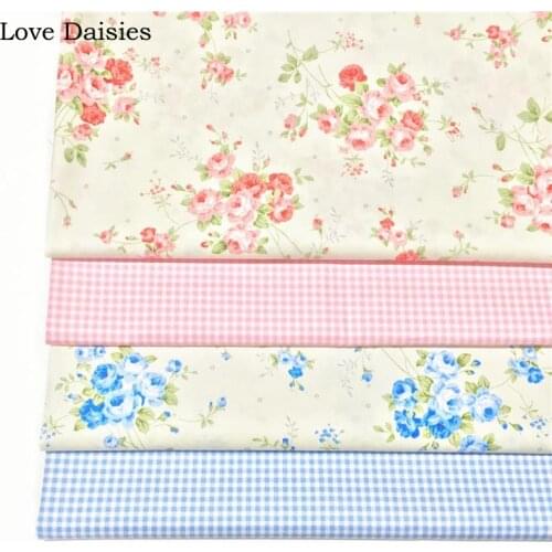 100% cotton twill fresh PINK BLUE pastoral rose floral flowers check fabrics for DIY bedding apparel dress patchwork handwork