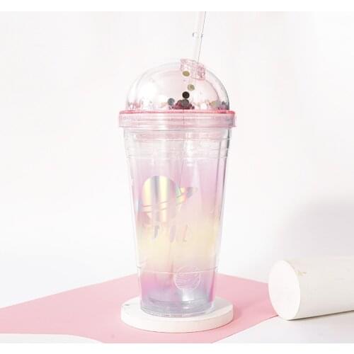 480ML Portable Travel Sport Drinking Bottles Kettle Double Wall Lid Straw Cup Glare Starry Sky Glitter Outdoor Water Bottle