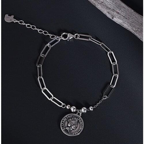 925 Sterling Silver Bracelet Female Retro Korean Version Of Dongdaemun Portrait Coin Coin Chain Bracelet