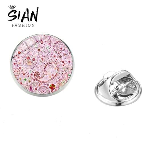 SIAN Bohemia Paisley Flowers Brooch Hippie Pink Paisley Patterns Unique Gifts Glass Dome Brooches Mandala Meditation Lapel Pins