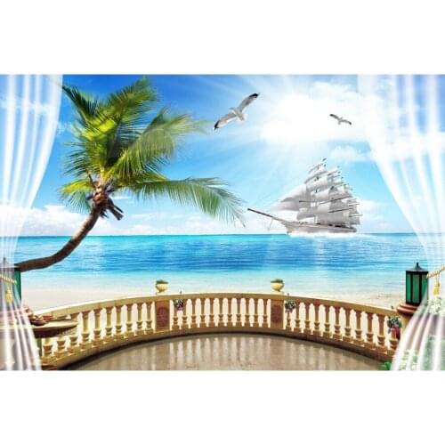 Tropical Sea Galleon Palm Tree Balcony Photography Backgrounds Baby Child Portrait Photographic Backdrops For Home Photo Studio