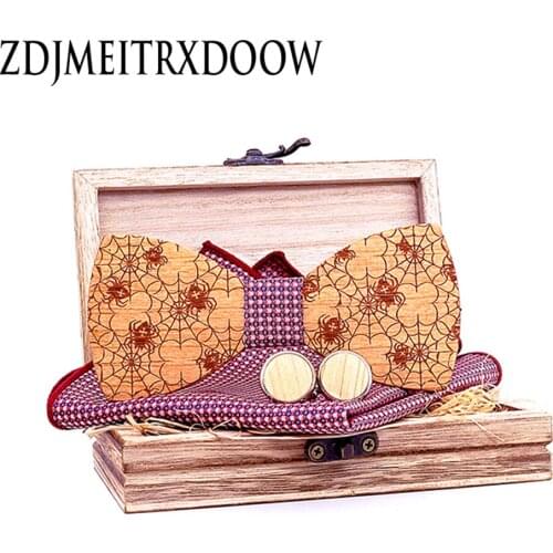 Ties For Men Laser engraving spider Wood bowtie Jacquard Woven Tie Hanky Cufflinks Set For Business Wedding Party T229
