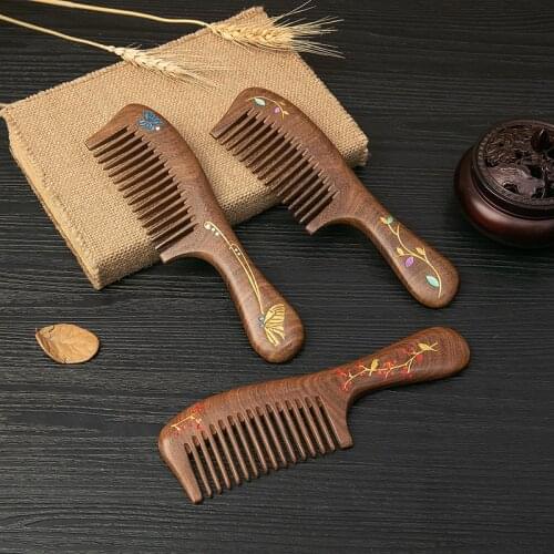 Natural Sandalwood Gold Wire Sandalwood Comb Log Health Massage Large Comb Anti-Static Head Classic Comb Hair Styling Tool