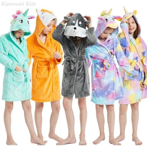 6 8 10 12 Y Children Bathrobes Girls Unicorn Pajamas Boys Kigurumi Hooded Towels Kids Anime Cosplay Pyjamas Homewear Robe Pyjama