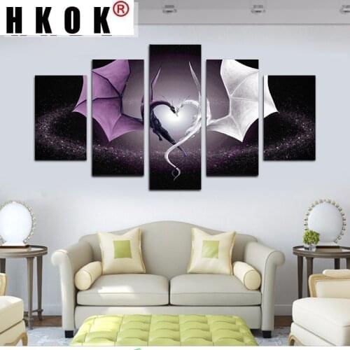 HKOK Abstract Canvas Paintings Posters Prints 5 Panels Vintage Home Dragon Love Sofa Wall Art Pictures Home Decor Living Room
