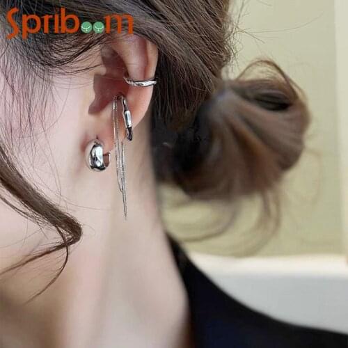 4Pcs/set Tassel Clip Earrings for Women Geometric Irregular Piercing Ear Cuff Gold Silver Color Texture Jewelry Accessories Gift