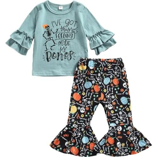 Baby Girl Halloween Clothing Set Skeleton Printed Ruffled Top Tees Flare Pants Trousers 1-5T Toddler Kids Holiday Casual Outfits