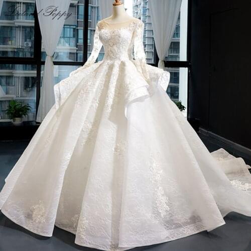 Lceland Poppy Lace Appliques Ball Gown Wedding Dresses 2020 Scoop Neck Floor Length Vestido de Novia Long Sleeves Bridal Gowns