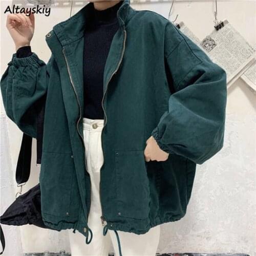 Basic Jackets Women Solid Simple Stand Collar Retro Chic Korean Style Womens Coats Loose Leisure Outwear Vintage Harajuku New