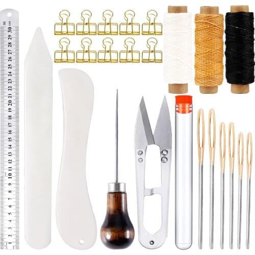 LMDZ Bookbinding Leather Stitching Tools Set Leather Craft Tools Kit with Bone Folder Creaser Ruler Needles Awl Waxed Thread