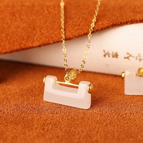Natural Hotian Jade Pendant Womens S925 Sterling Silver Gilding Inlaid Safety Jade Ruyi Longevity Lock Pendant Clavicle Chain