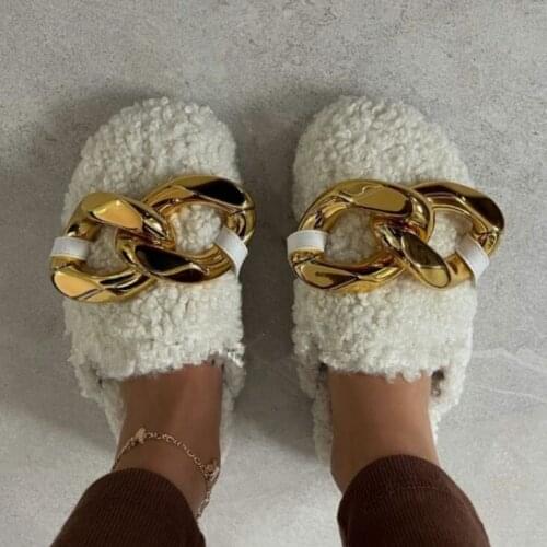 Women new home all-match lamb wool Baotou half-tow female outer wear metal double buckle flat-bottomed fur large chain slippers