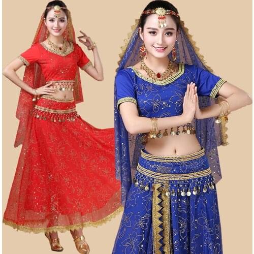 New Women Indian Belly Dance Costume Set Dance Sari Outfit Bollywood Stage Performance Chiffon Top Belt Skirt Bellydance