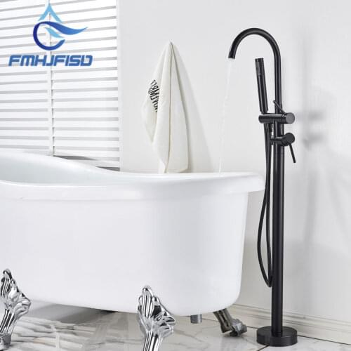 Wholesale And Retail Polished Chrome Brass Bathroom Tub Faucet Floor Mounted Tub Filler W/ Hand Shower Swivel Spout Shower