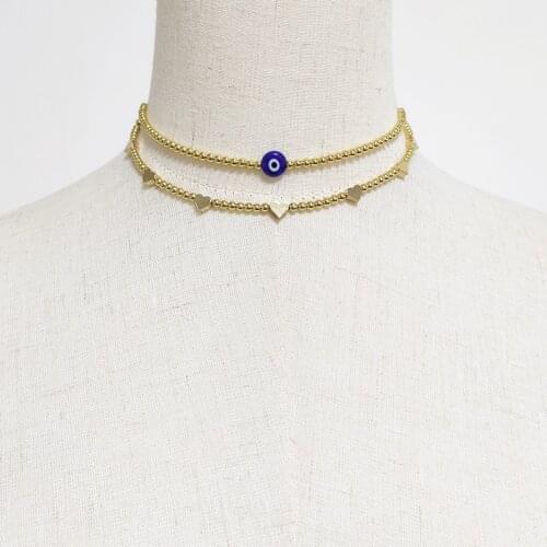 Fashion Copper Plating Gold-color Beads Necklace Handmade Beaded Jewelry Heart Pendant Blue Eye Pendant Choker Gift 2021