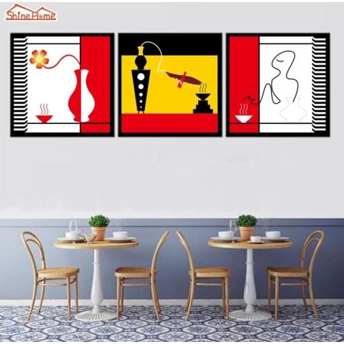 ShineHome-3pcs Absract Canvas Prints Paintings Picture Flower Vase Wall for Cafe Coffee Bar Kids Dining Living Room Walls Decor