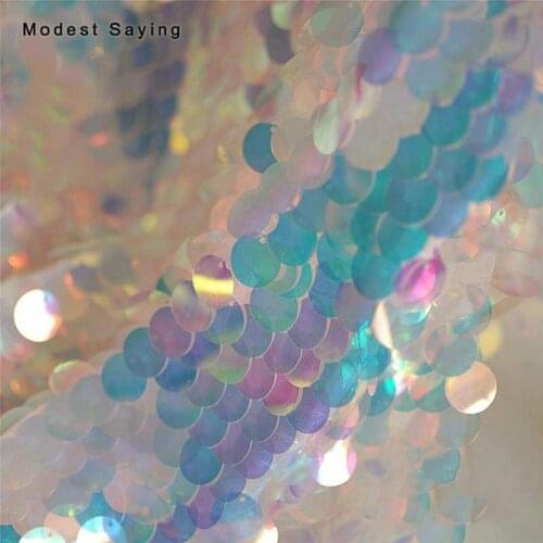 3 Yards Laser Fish Scales Sequins Fabric for Evening Wedding Gown Symphony 18mm Sequins Cloth Mesh for DIY Photography Backdrop