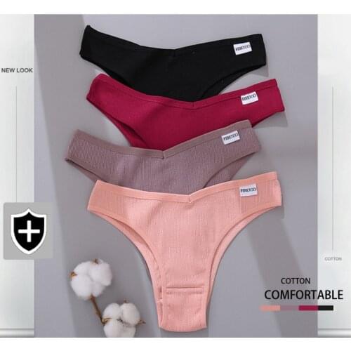 Cotton Brazilian Panties Women Sexy V Waist G-String Underwear Female T-back Underpants M-XL Lady Bikini Panty 3Pcs/set