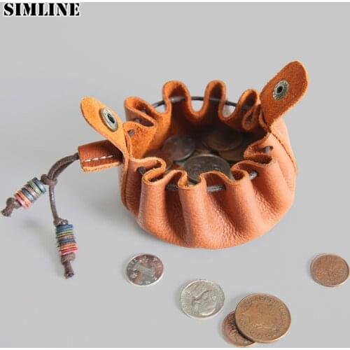 SIMLINE Vintage Genuine Leather Coin Purse Men Women Handmade Small Mini Wallet Wallets Pouch Pocket Storage Bag DrawString Bags