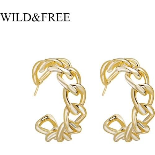 Wild&Free Vintage Gold Chain Hoop Earrings For Women Statement Copper Open Round Earrings Ear Pierced Huggie Bijoux