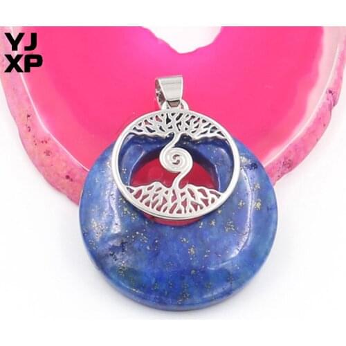 YJXP Silver Plated Safety Buckle Round Stone Pendant Tree of Life Lapis Lazuli Fashion Jewelry