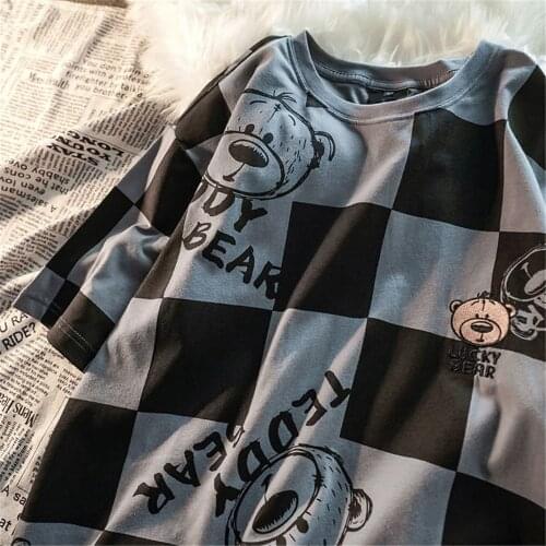 Hip Hop Women Embroidery Plaid T-Shirt Loose Summer Oversize Female Tops Tees Funny Japan Harajuku High Street T Shirt Girls