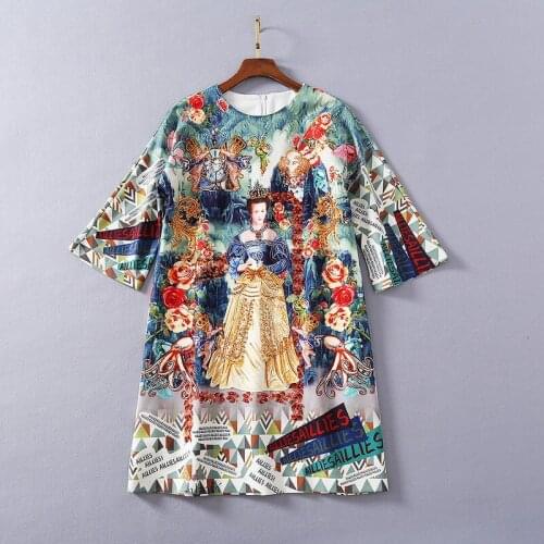 European and American womens clothes spring The new 2021 Seven - minute sleeve palace printed nail bead fashion dress