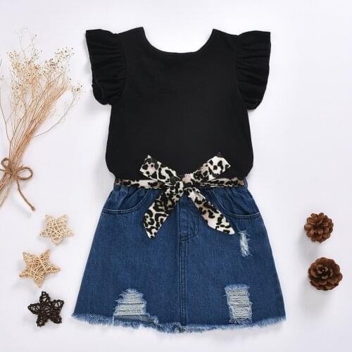 2 3 4 5 6 Years Toddler Girl Clothing Sets Casual Ruffled Short Sleeve T-shirt Denim Skirt 2pcs Kids Clothes 2020 Summer Suits