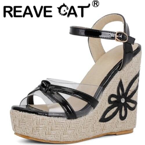 REAVE CAT 2021 Slingbacks Open Toe Flower Patchwork Buckle Strap 12.5cm Wedge Sandal With Platform Size 30-48 Black Yellow White