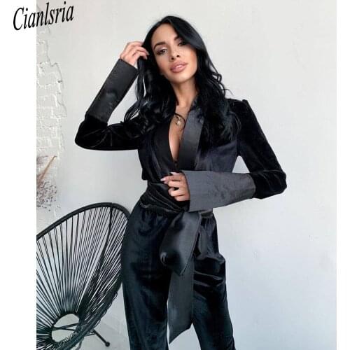 Black Velvet Women Blazer Suit with Belt Long Sleeve Slim Fit Ladies Formal Pants Suits Prom Party Wedding (jacket+pants)