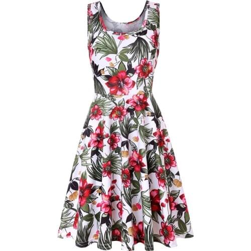 Plus Size Women Sleeveless O-Neck Print Dresses Casual Sweet Vintage Floral A-line Party Robe 2021 Summer Beach Dress Vestidos
