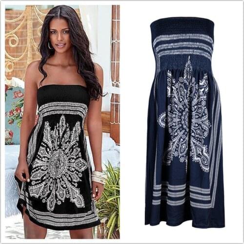 2021 Summer Dress Vintage Print Sexy Off Shoulder Strapless Dress Women Casual Loose High Waist Dress Vestidos Boho Beach Festa