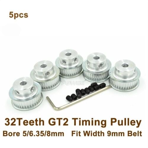 POWGE 5pcs 32 Teeth 2GT Timing Pulley Bore 5/6.35/8mm Fit Width 9mm GT2 Timing Belt 3D Printer 32Teeth 32T GT2 Timing Pulley