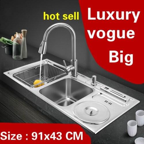 Free shipping Apartment big luxury kitchen double groove sink multifunctio durable 304 stainless steel hot sell 910x430 MM