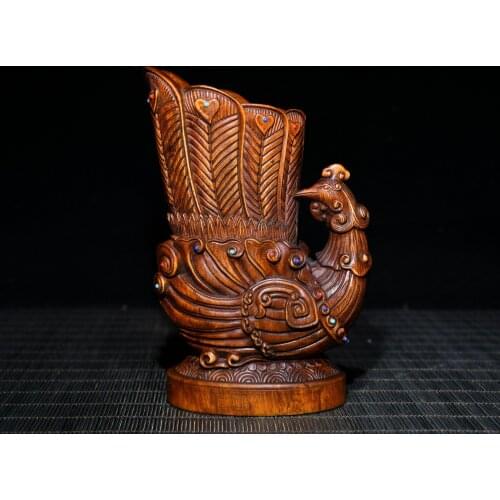 5"China Lucky old Boxwood mosaic Gem Phoenix statue Respect Cup Wine glass Ornaments Town House Exorcism