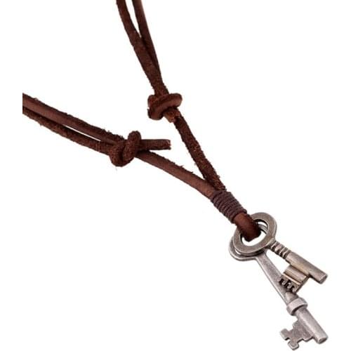 Fashion Vintage Key Genuine Leather Necklace Alloy Pendants Lovers Statement Long Chain Adjustable Choker Women Men Jewelry Gift