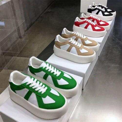 RunWay Casual Designer Women Trainer Green White Genuine Leather Patchwork Lace Up Thick Sole Casual Shoes Bumper Sneakers