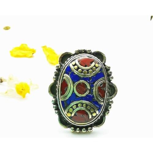 Nepal Vintage Flower Rings Copper Inlay Colorful Stone R186