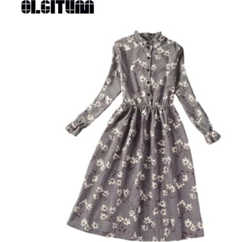 OLGITUM 2020 Women Vintage Autumn Dress Floral Print Style Slim Stand Collar Single Breasted Pleated Dress Female 8 Colors DR516