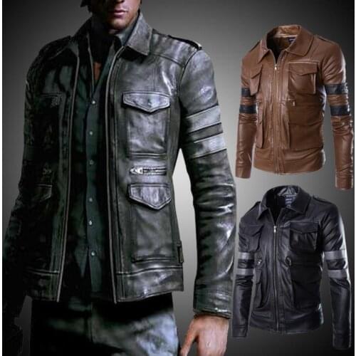Lapel multi-pocket motorcycle leather jacket men personality european fashion mens leather jackets casual coats biker black