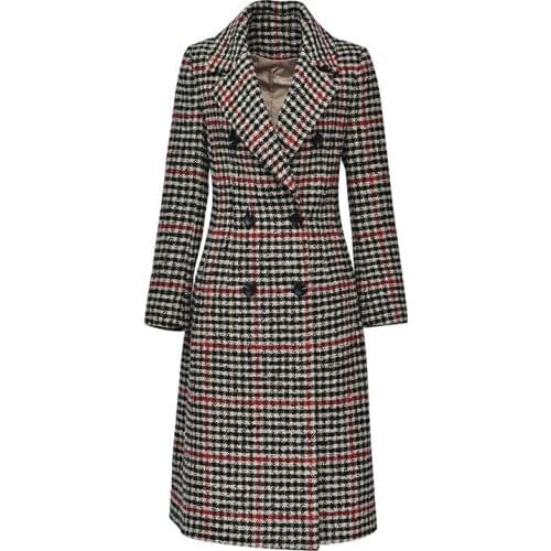 Autumn Coats Woollen Winter Womens Tops OL Plaid Long Design Thin Waist Felt Coat Female Double Breasted Wool Coats All-match