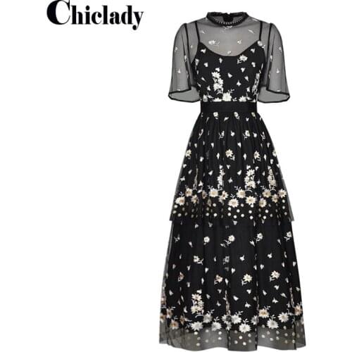 CHICLADY Black midi dress elegant England style floral o-neck short sleeve gothic high waist layered mesh party dresses female