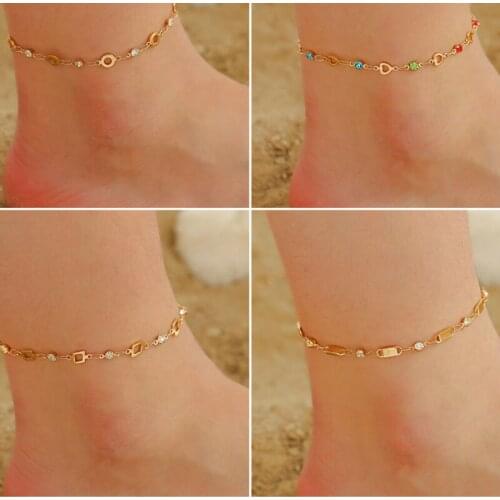 Hollow Hearts Circles Squares Locks Colorful Rhinestone Copper Golden Silver Plated Foot Ankle Bracelets Anklets for Women