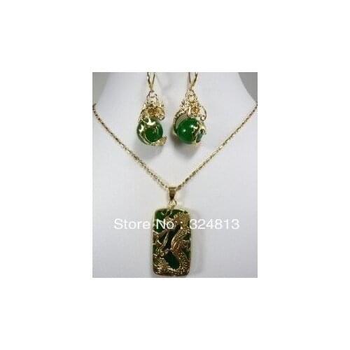 Prett Lovely Womens Wedding Charming Green gem Dragon Pendant necklace earring set new-jewelry brinco