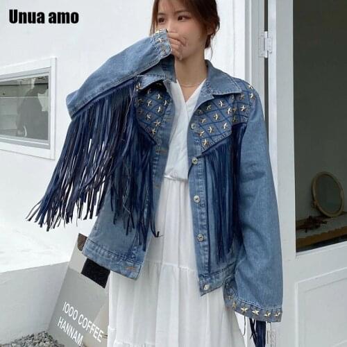 Unua amo Streetwear Fringe Denim Coat Women Tassel Jackets Punk Metal Heavy Industry Five-pointed Star Rivets Jean Jacket