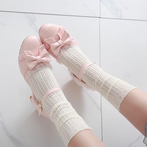 YQBTDL Summer Cosplay Princess Chunky Heels Womens Lolita Shoes Lace Ruffles Butterfly-knot Sweet Cute Party Pumps Plus Size 43