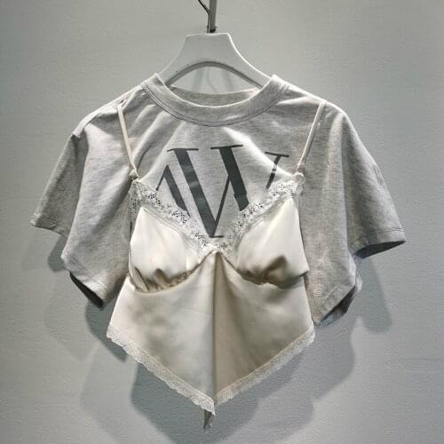 Womens casual T-shirt letters lace patchwork luxury brand trend cotton top